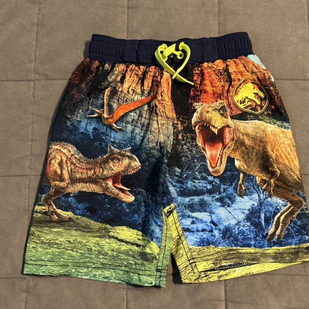 Jurassic World Boys Long‎ Swim Trunks Small 6/7 w/ Drawstring & Lining Dinosaurs